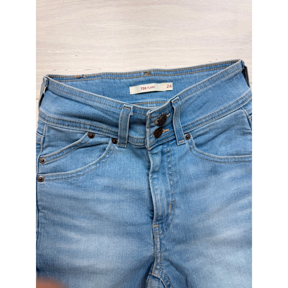 Levi's 726 Flare Jeans Womens Size 24 Light Wash High Rise Raw Hem Stretch Denim